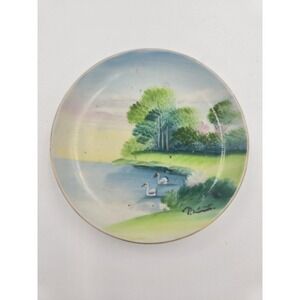 Vintage Japanese Hand Painted Miniature Plate Swans Landscape Gold Trim